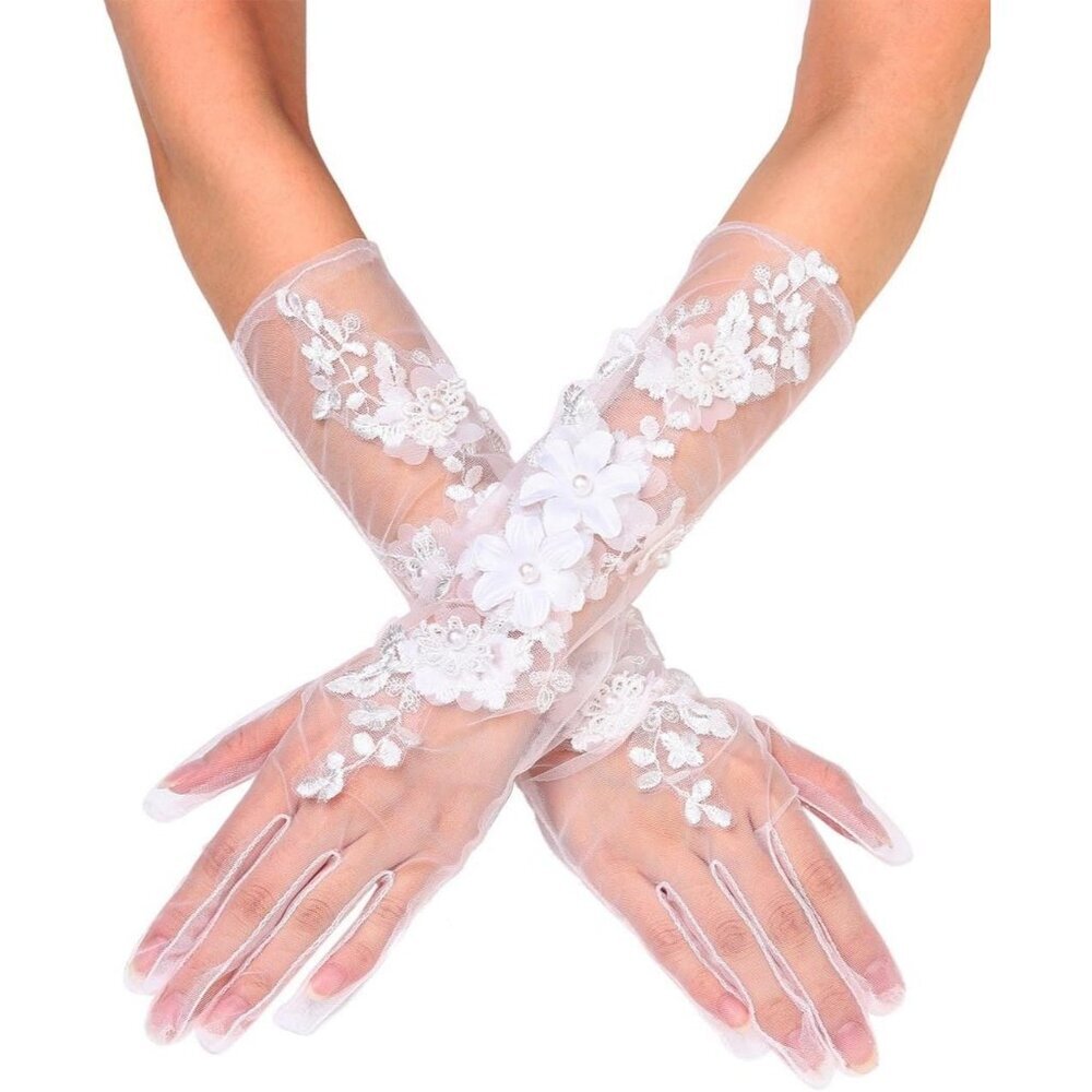 Women's White Floral Lace Halloween Flower Embroidery Gloves Tulle Party Prom